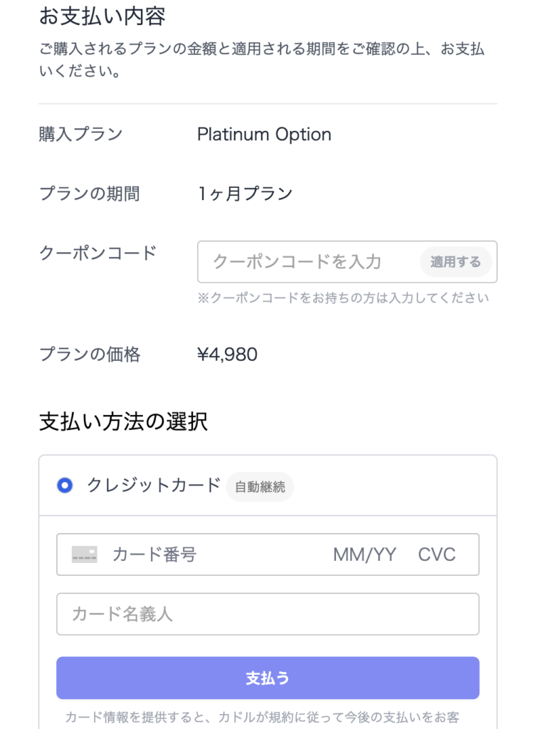 プラチナムオプション支払いページ