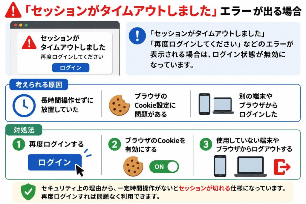 「セッションがタイムアウトしました」エラーが出る場合