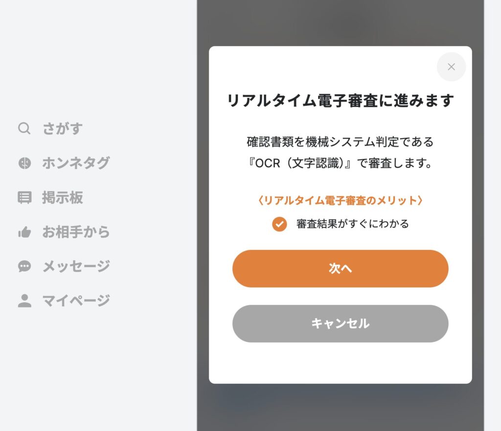 「リアルタイム電子審査に進みます」画面