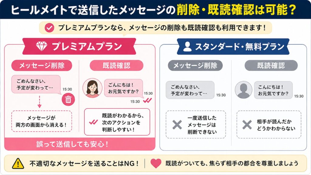 ヒールメイトで送信したメッセージの削除・既読確認は可能か
