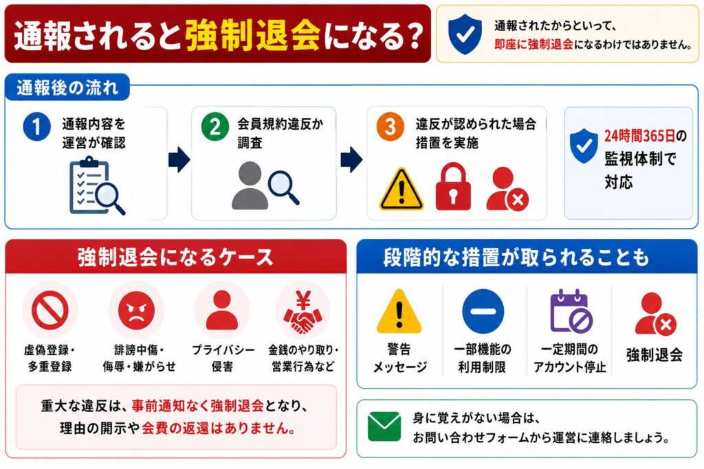 既婚者クラブで通報されると強制退会になるのか