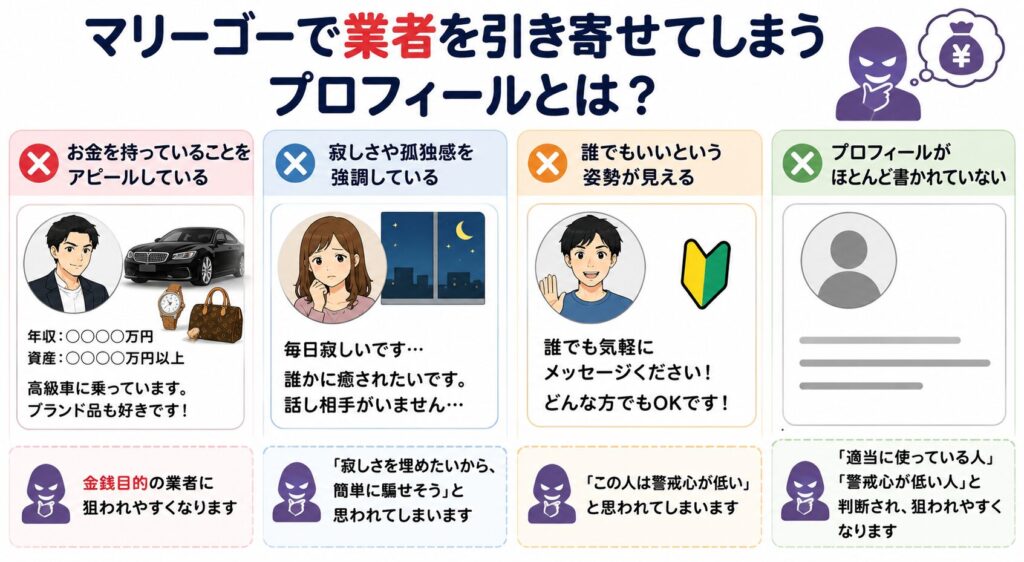 マリーゴーで業者を引き寄せてしまうプロフィールの特徴
