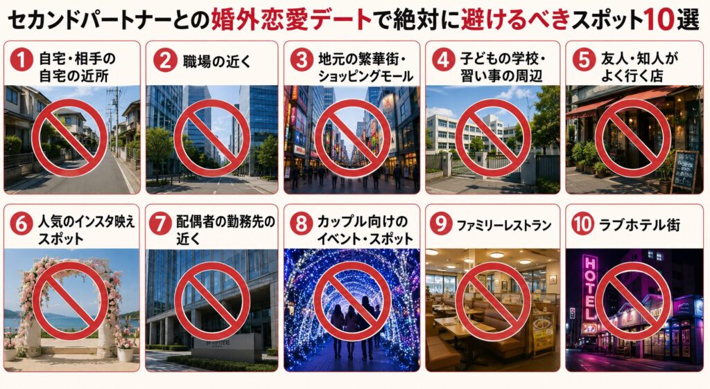 セカンドパートナーとの婚外恋愛デートで絶対に避けるべきスポット10選