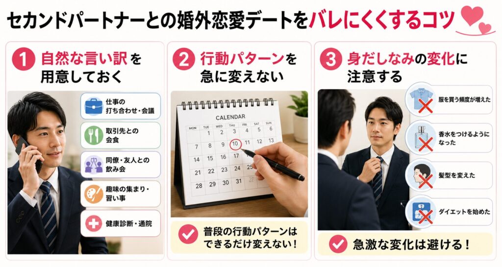 セカンドパートナーとの婚外恋愛デートをバレにくくするコツ