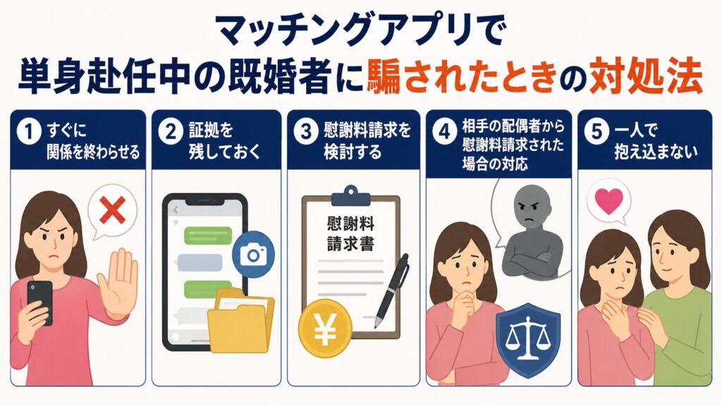 マッチングアプリで単身赴任中の既婚者に騙されたときの対処法