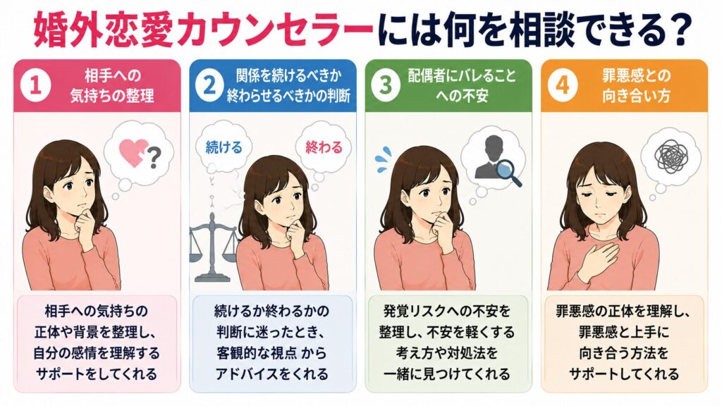 婚外恋愛カウンセラーには何を相談できる？