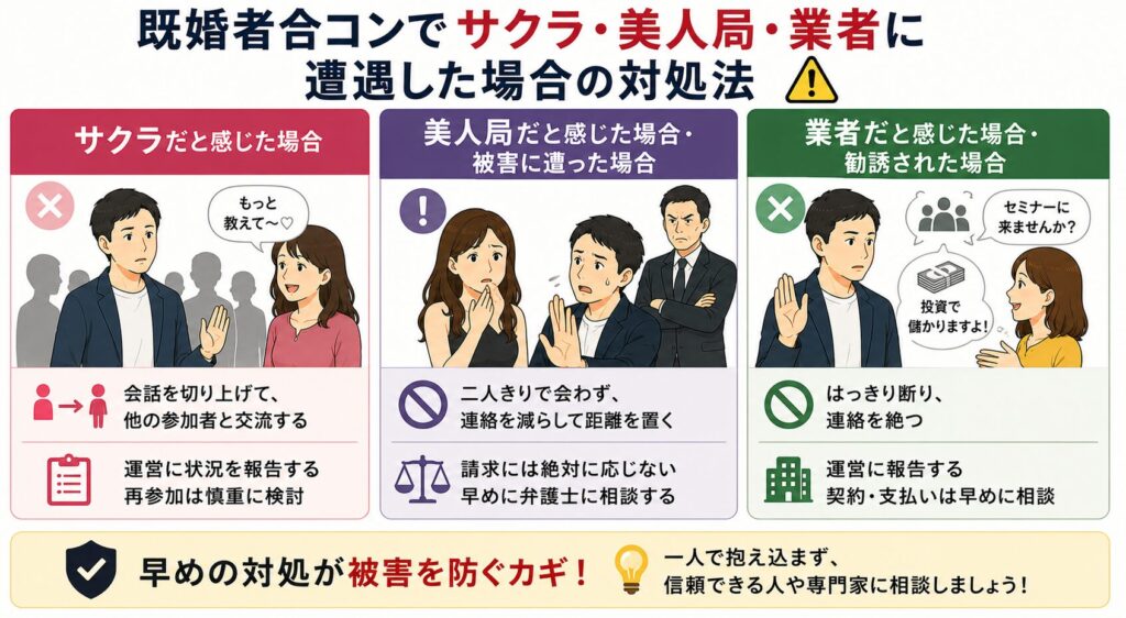 既婚者合コンでサクラ・美人局・業者に遭遇した場合の対処法