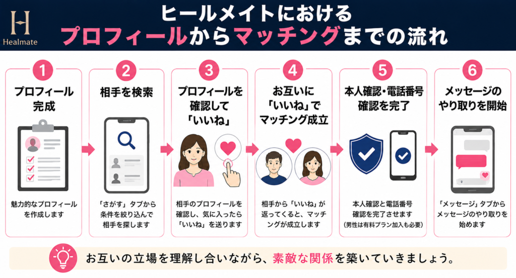 ヒールメイトにおけるプロフィールからマッチングまでの流れ